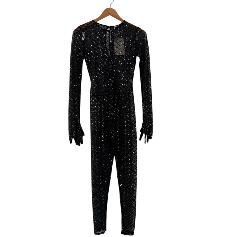 Mew Mews Statement Dress Black Sequins Sheer Jumpsuit With Gloves Size SMALL NWT